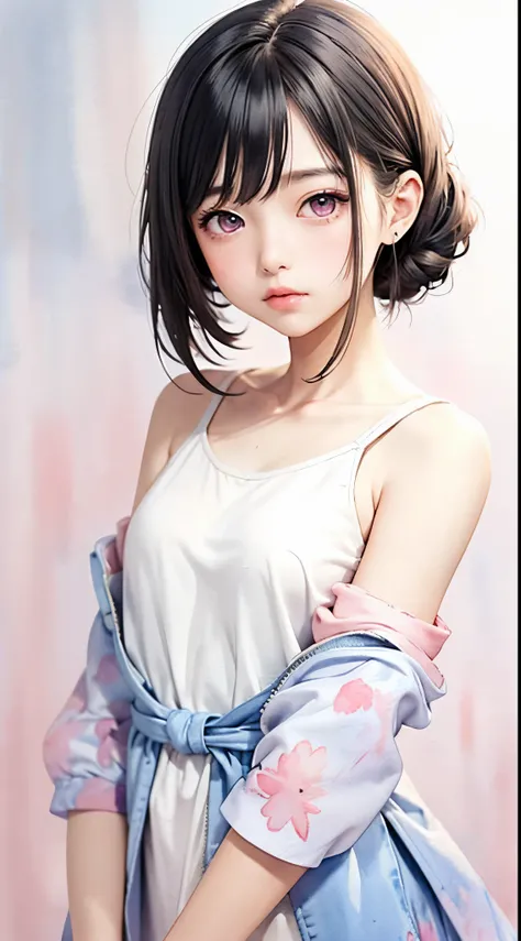 (((Blurred background、Watercolor style background)))、A girl、１６talent、anatomy、Light pink eyes、#11: Loose Low Ponytail、Light pink hair、Small Breasts、Black open collar dress、Transparent lace dress、translucent、Random pose、best quality、high resolution、high reso...