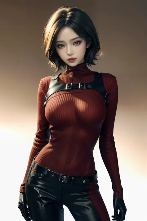 (masterpiece, Best quality) AdaWongRE, 1girl, Only, breasts, looking at viewer, Short hair, big breasts, black hair, Gloves, brown eyes, multi-colored hair, belt, two-tone hair, Stop you, Lips, bodysuit, makeup, Lipstick, ribbed Stop, Realistic