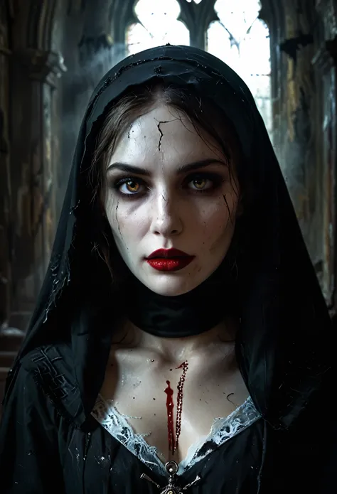 (dark, mysterious) figure in a (creepy, abandoned) church, (ominous lighting) highlighting the (sinister, twisted) expression on her face. She is wearing a (tattered, black) robe with (torn, white) lace details. The (haunting, hauntingly beautiful) eyes ar...