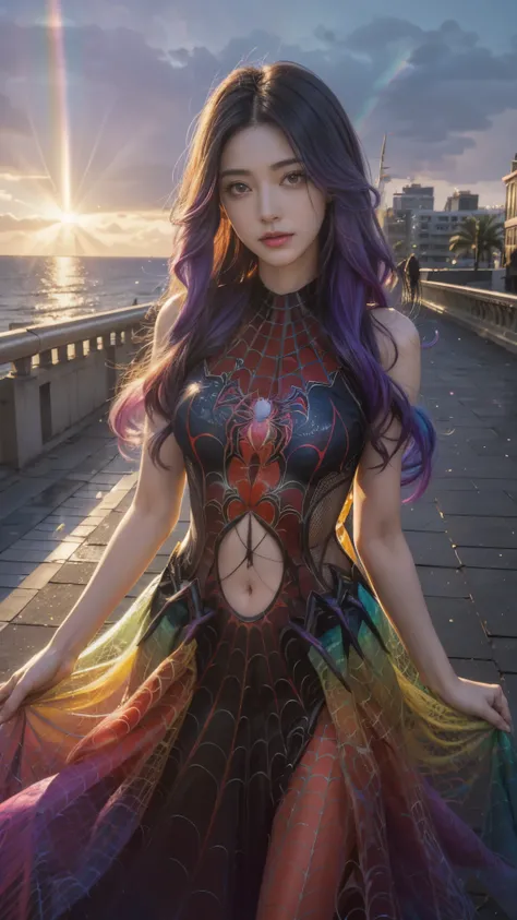 4K Ultra HD, Masterpiece, 1 girl, good face, very Long hair, ((gradient rainbow hair)), Detailed eyes, ((spider mesh dress)), (rainbow dress), ((navel)), Magical effect, Spread light, on the roof of the building, god rays, ((spider mesh)), ray tracing, blo...