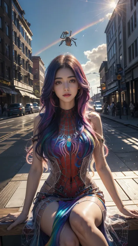 4K Ultra HD, Masterpiece, 1 girl, good face, very Long hair, ((gradient rainbow hair)), Detailed eyes, ((spider mesh dress)), (rainbow dress), ((navel)), Magical effect, Spread light, on the roof of the building, god rays, ((spider mesh)), ray tracing, blo...