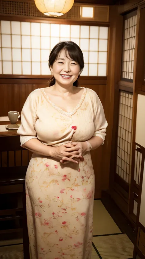 Osakas aunt、Organic Photography、Highest quality、masterpiece、Ultra-high resolution、Beautiful old lady、50 years old、Full Body Shot，Elegant face、Smiling with teeth showing、Please place your hand on your chest，Large Breasts，Wear short-sleeved knitted clothing，...