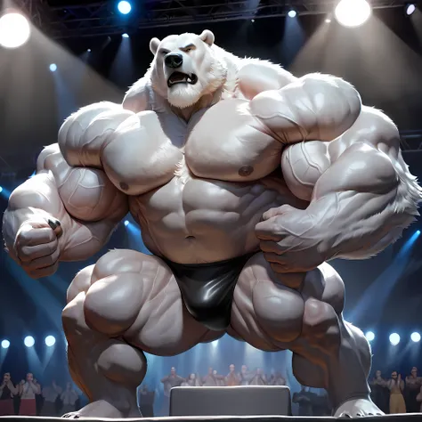 huge muscular polar bear in Bodybuilding Competition, big hulking pose, growling grunting noise, polar bear, huge white fur, thick arm, huge arm, added thick mustache, added thick beard. Short white hair, (veiny muscular, veiny pectoral, wide pectoral, thi...