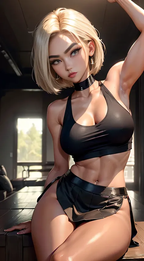 sfw, ((masterpiece, best quality)), ((Android 18 cosplay)), (bob blonde haircut), (tight black tank top::1.4), (black tennis flare skirt ::1.4), (open cleavage), realistic, solo::1.4, dark blonde, ((tall and skinny:1.2)), ((madisonbeer-smf)), ((((Madison B...