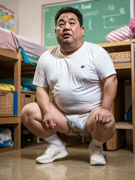 A little heavy man is 40yo, retarded, dwarfism, crew cut, stand to attention at pastel colored playroom in kindergarten, He only wears a Thick Diaper, White Briefs, He is holding back his pee pee, He surrounded by children, Acting timidly, slouching look d...