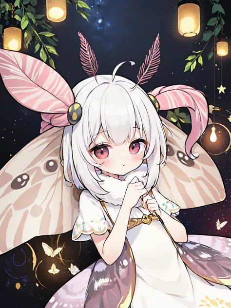 solo,1girl\(cute,kawaii,age of 12,skin color white,short white hair,(big moth wing hair:1.7),white dress\(beautiful race\),(2mot...