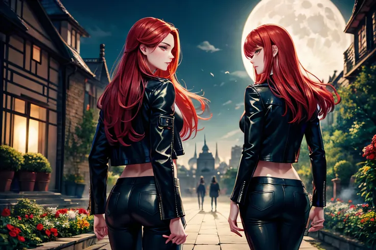 realistic, 1 girl, pretty, red hair, green eyes, black leather outfit, pants, jacket, from behind, garden, flowers, mansion, night, moon,