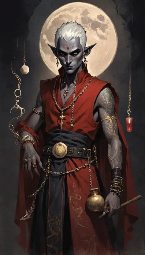 a dark elf, white short hair, moon shaped tattoos, simple sketch on parchment, dark ink art, detailed facial features, red priest long vest with golden chains intricate clothing, moon staff, ang potion bottles on belt, dramatic lighting, gritty textures, m...