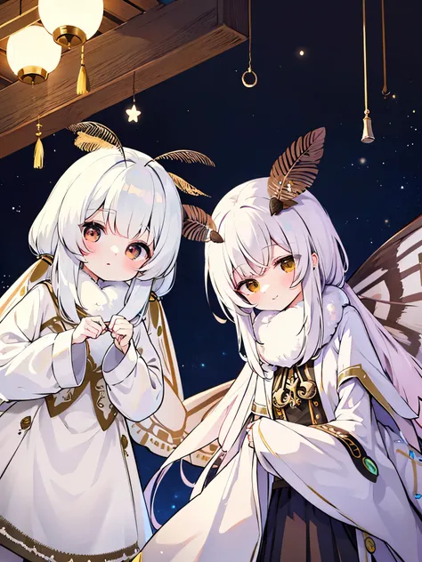 solo,1girl\(cute,kawaii,age of 12,skin color white,short white hair,(big moth wing hair:1.7),white dress\(beautiful race\),(2mot...