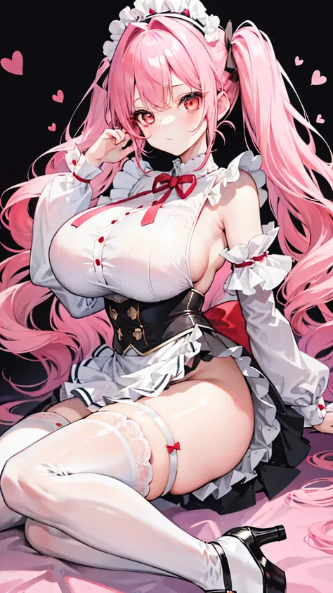 A beautiful girl full of vitality，Long pink hair tied in twin tails，Big, shining golden eyes，A small red heart sticker on her cheek，(((Super huge breasts)))，Wear low-cut pants, Maid outfit with open back，The skirt is also very short，A type that can be seen...