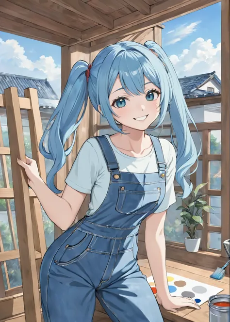 light blue long hair、carpenter, a beautiful girl with twin tails、denim jumpsuit、bright smile、painting the roof、there&#39;s red p...