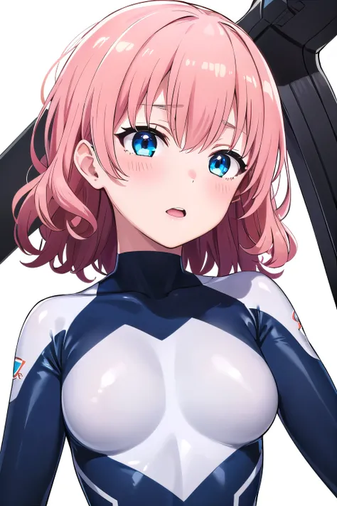 1 girl,boyish, curly hair, pink Hair, medium Breasts, glossy tight zero suit,blush,sexy face,blue eyes,Tight fit,clearly,Striped pattern, (white background:1.3), aroused face