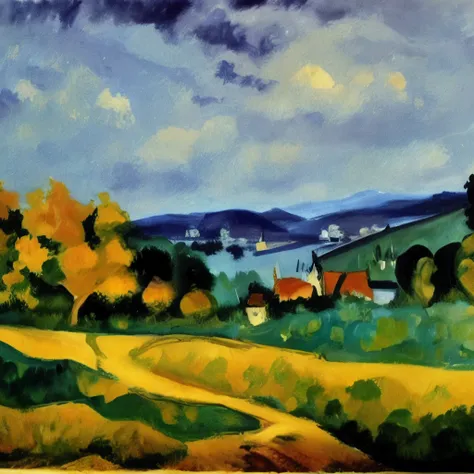 Maurice de Vlaminck&#39;s style、French countryside、Portrait of a farmer with mountains in the background