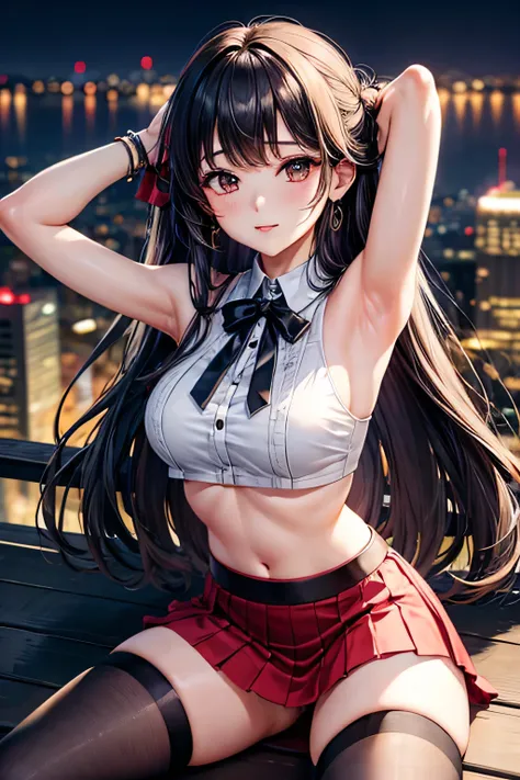 Masterpierce, high quality, ultra detail, female, crop top, latina, long hair, skirt, stockings, spread legs, from above, movie lights, City lights, river, bokeh, ship, sexy posture, Left hand behind your head, armpit, 오른쪽 손으로 skirt를 올려 팬티를 보여줍니다