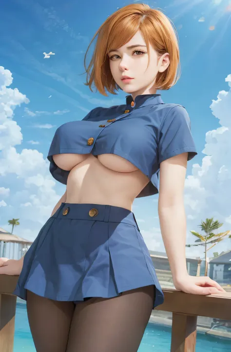 realistic, 1girls, Nobara Kugisaki, best quality, 12k, HD, long hair, big round breasts, underboobs, short hair, slim hips, brown eyes, orange hair, super detailed, Eye details , hair details, person details, mouth details, face details, breast details, cl...