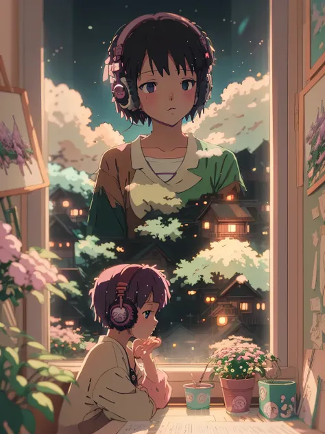 animated style, (dream art), (soft focus), cozy room atmosphere, girl with headphones, [(lofi rhythms:1.3)|ambient music], (anim...