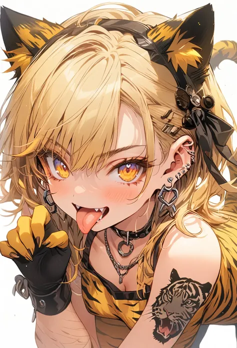 Yellow and black, Tiger pattern, tongue, Gal, Earrings, Tattoo, Cat Pose