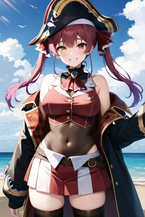masterpiece, best quality, highres, aamarine, twintails, pirate hat, heterochromia, red ascot, bare shoulders, red shirt, off shoulder, black coat, see-through, covered navel, leotard under clothes, belt, pleated skirt, red skirt, black thighhighs, standin...