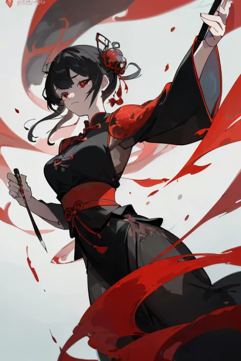 masterpiece, best quality, (Extremely detailed CG unity 8k wallpaper), (best quality), (Best Illustration), (Best shadow), A woman,Black and red Chinese clothing,Mystician,Red spider lily,Writing brush,dignified,The prototype is Yama,She can hear the melod...