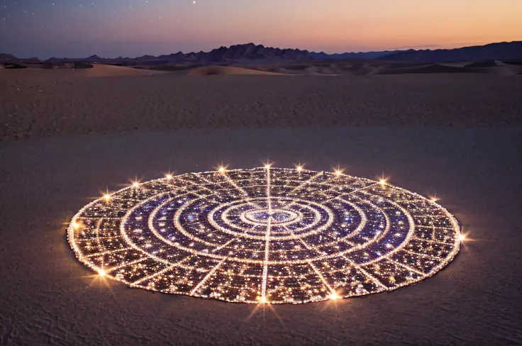 night of the desert made of crystal, reflecting the light of the stars, sand patterns beautifully