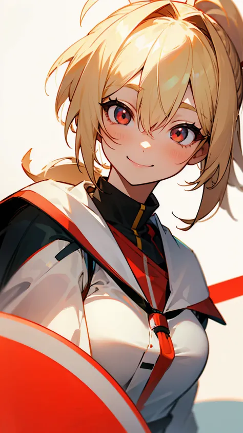 Female student、1 girl、Blonde、Ponytail、Ahoge、Red round eyes、smile、smile、Upper body close-up