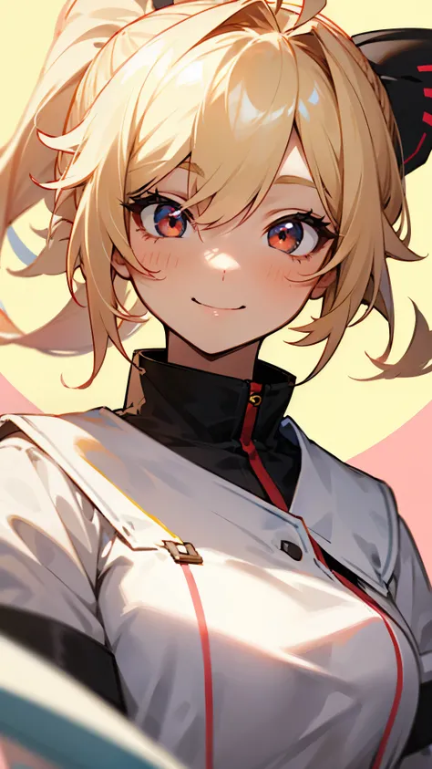 Female student、1 girl、Blonde、Ponytail、Ahoge、Red round eyes、smile、smile、Upper body close-up