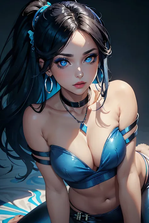 Amazing portrait of a sexy woman with a beautiful face covered with makeup with blue eye shadow and blue eyeliner emphasizing her seductive eyes and her long black hair in a long ponytail wearing a small blue necklace and silver hoop earrings and a short b...