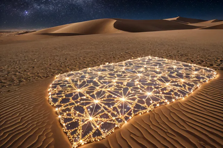 night of the desert made of crystal, reflecting the light of the stars, sand patterns beautifully