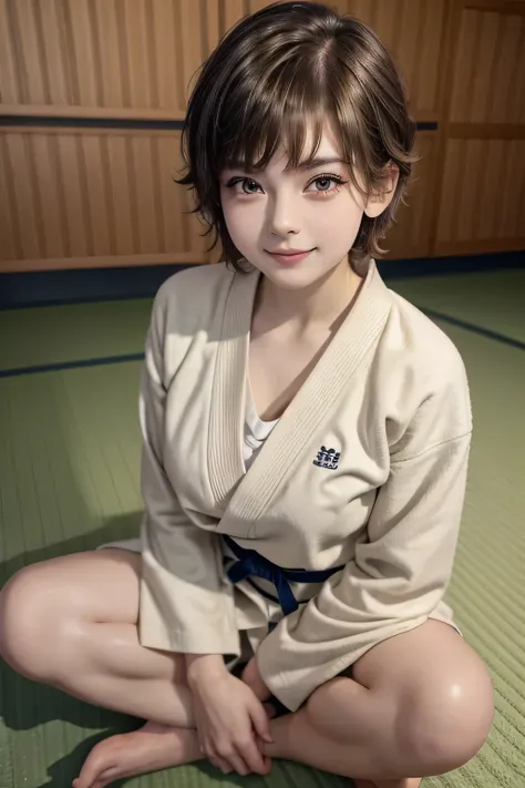 She is a high school student.　Her haircut is a pixie haircut.　Her hair looks like Amara Tenou.　Her hair looks like Audrey Hepburn.　Too beautiful girl、　Her face is so young.　She is smiling. She is wearing a judo suit. Her obi is white. The background is a j...