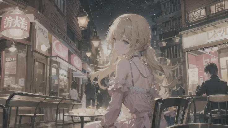 high resolution、Young woman with long, messy, windblown blonde hair、Big Breasts 、necklace、High heels、Pink clothes、mini skirt、Long, slender legs、ponytail、new york、Sitting on a chair at an outdoor cafe at night,Looking at the sky、The woman is wearing a sleev...