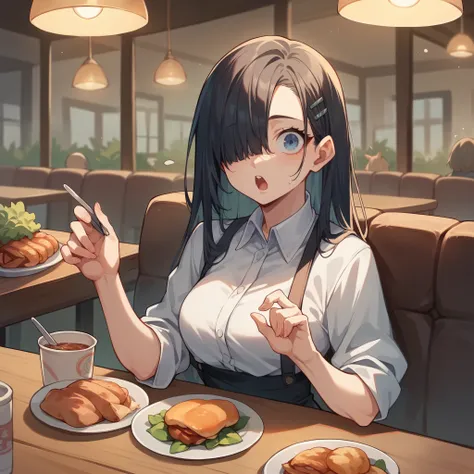 a girl in her early 30s, she has one eye covered by her long black hair. she looks surprised to see you at a restaurant. she has blue eyes.