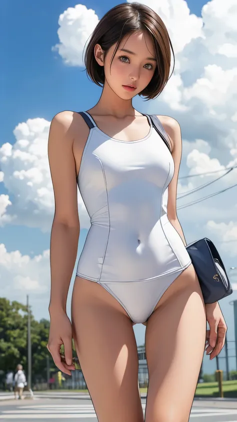 Girl standing on campus, Cumulus clouds floating in the summer sky, (White campus swimsuit:1.2), Navy Sailor Shirt, bag, , (Very slim:1.4), Thin thighs, knee, Brown eyes, Short hair tied low