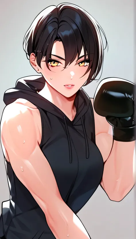 1 girl, black hair,masterpiece,best quality,highres,ultra-detailed,aashizue,yellow eyes,short hair,(sleeveless hoodie:1.2), boxing gloves, toned, sweating,boxing stance, (sleeveless:1.4)