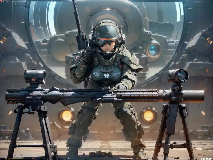 ((best quality,8K,masterpiece:1.2,ultra detailed, ,a heavy mecha,Hard surface)),(Armored core style:1.0),(Big breasted woman with U.s.army robot armor GLOssY BLACK) ,(((aiming at something with a rifle:1.4))),(((Looking into the scope of a rifle:1.4))),(((...