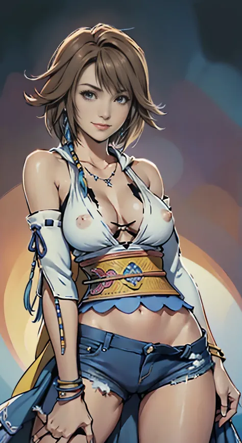 4K,masterpiece, highres, ultra detailed), 1 female, 2, yuna of final fantasy x2, more mature looking, ((simple background)), plain dark background, ((nothing in background)), hyperrealistic, yunas final fantasy costume, Yunas original costume design in Fin...