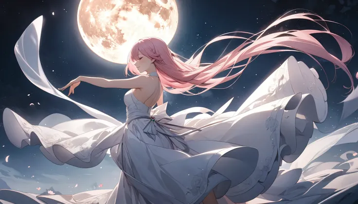 Highest quality,Full moon night,dance,A woman with pink hair,ephemeral