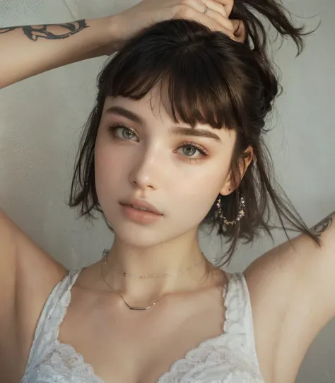 Theres a woman with a tattoo on her arm and a necklace around her neck, Retrato de Sophie Mudd, whitefranja, white franja, Anna Nikonova aka Newmilky, frank lily, retrato de alta qualidade, hair whitefranja hair, franja, with short hair with franja, non-bi...