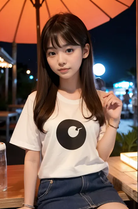 A girl (Twenty years old, Japanese cute face) are wearing Tshirts, mini skirt at the moon night beach bar