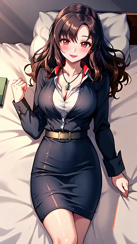 （（super high quality,））（（Ultra-high resolution,））（16K,）（super masterpiece,）（（Ultra HD ,））（Detailed shading）One sexy mature woman,Wavy brown medium-long hair,Part your bangs clearly on the side,Thick and glossy lips,popped Tight open collar,Pencil Skirt,Spr...