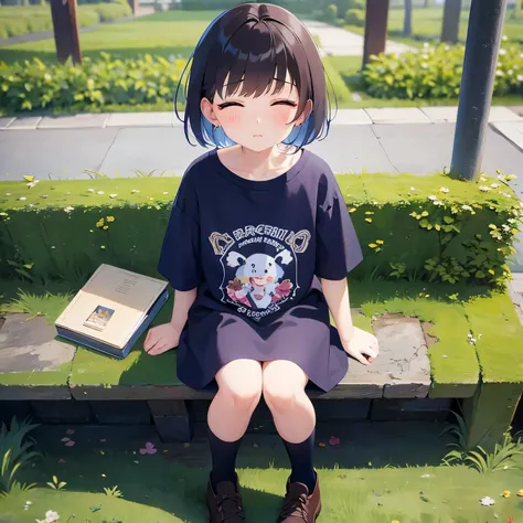 （closed eyes：1.5）,child、bob cut, ,Sitting、
masterpiece、Highest quality、 (Brown hair with bangs) and (Purple eyes) and ( girl:1.5)、, (Blue) and (T-Shirts)、
sad,(alone:1.5),The background is a park、bench