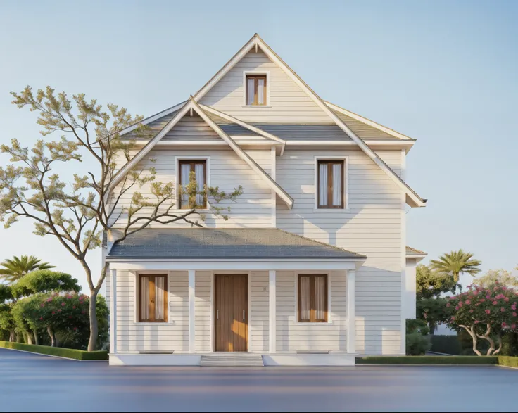 PLATEFORME KTHOUSE, Beaucoup de belles fleurs rouges le long de la route:1.3, romantique, 1 maison de style néoclassique, La maison de ville est faite de murs blancs, belle lumière, journée de beauté, ensoleillé, Beaucoup de bougainvilliers rouges le long ...