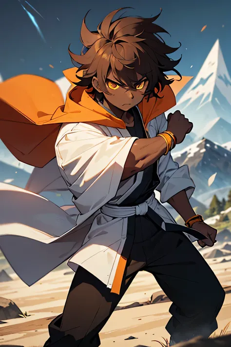 young male, yellow eyes, dark skin, black pants, white robe cape, orange bracelets, brown hair, messy hair, serious expression, taekwondo, mountain background