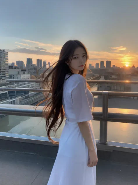 1girl, solo, highres, best_quality, masterpiece, detailed_background, intricate_details, beautiful, long_hair, modern_fashion, standing_pose, city_skyline, sunset, serene, looking_away, dynamic_pose, natural_pose, candid, happy