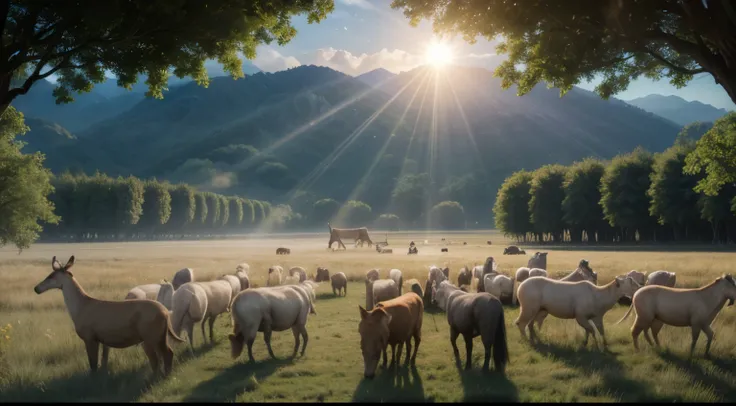 A vast field with different species of animals, all in harmony, while a ray of light descends from the sky, symbolizing the divine presence and the spiritual progress that guides them.