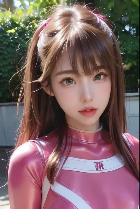 ((pink ranger, Same as V1)), 1 girl, Beautiful 20 year old Japanese girl, Angelic, cute face,
detailed and beautiful eyes, 
(Big eyes:1.3),long eyelashes,
see through bang,
(beautiful detailed face and eyes:1.4), 
beautiful short black hair, Beautiful smil...