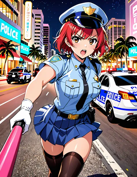 (masterpiece), (high quality), (high res), solo, solo focus, (lora:perfect hands:1), 1girl, belt, black legwear, gloves, (whistle police whistle), hat, holding weapon, (club(/weapon/), nightstick), holster, open mouth, serious expression, police, police un...