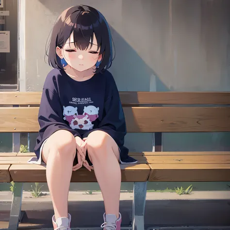 （closed eyes：1.5）,child、bob cut, ,Sitting、 masterpiece、Highest quality、 (Brown hair with bangs) and (Purple eyes) and ( girl:1.5)、, (Blue) and (T-Shirts)、 sad,(sleepy:1.5),(alone:1.5),The background is the city、bench