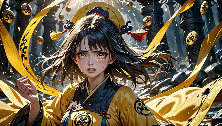 a beautiful girl in a yellow taoist robe, intricate black taoist symbols, holding talismans, defeated in battle, crying with a sorrowful expression, detailed facial features, realistic, ultra-detailed, 8k, masterpiece, cinematic lighting, dramatic colors, ...