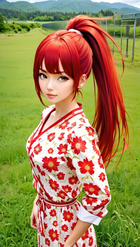 ((RAW photo), absurd, (absurdresolution)), photo of a very attractive girl, ((Japanese anime, as in the dynamism of American cartoons)), beautiful red-haired girl, ((seductive look, sharp pupil, detailed, realistic)), slim fit girl, (casual, daring clothes...