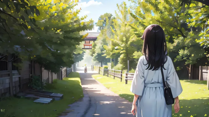 Detailed illustration of a  Japanese girl and her mother、Both of them from behind、The girl runs away and gets smaller and smaller、The girl is heading towards the light、Her mother stands there, gazing at her sadly.、Trees in the background々A peaceful country...